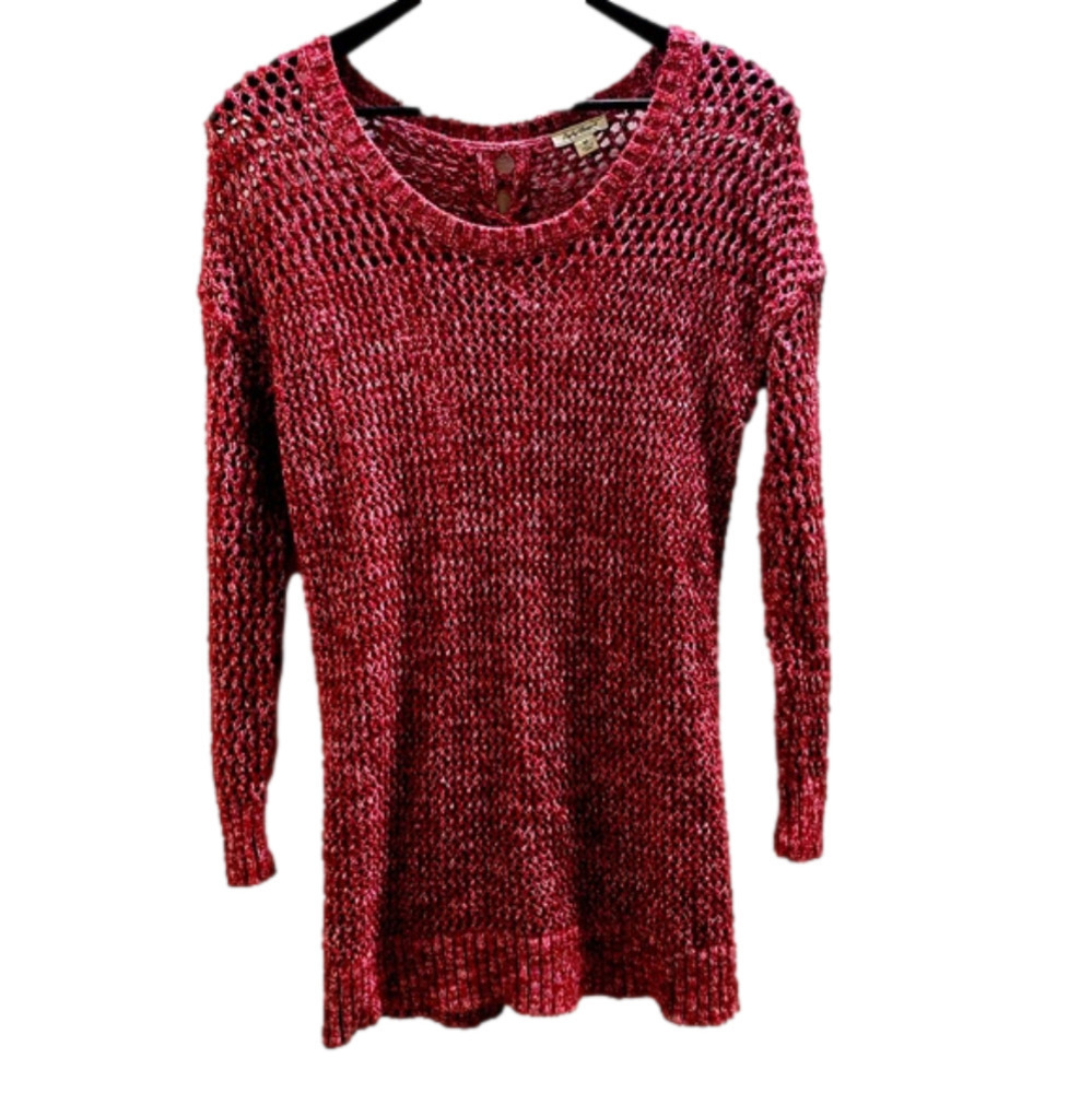 Lucky Brand Women’s Sweater Red Lace Up Back Tunic Open Knit Sweater Medium